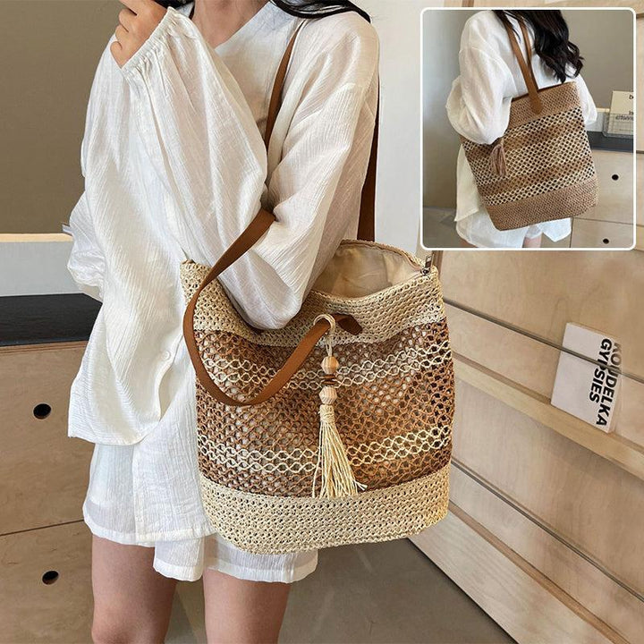 Summer Stripe Straw Shoulder Bags With Tassel Pendant