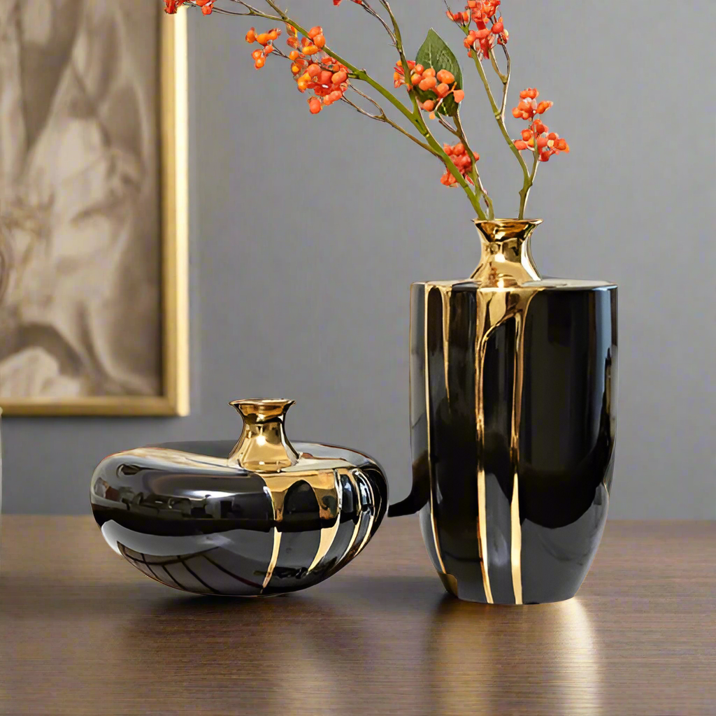 Ceramic black and gold vase-Vase-Arlik interiors