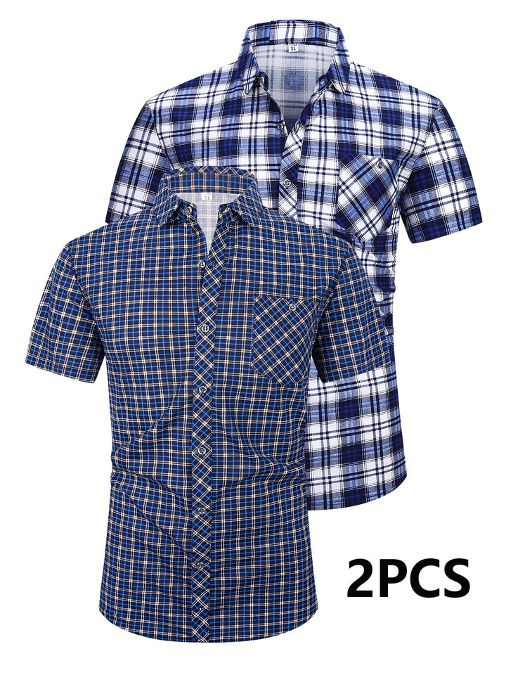 Set of 2 Short-Sleeve Checkered Shirts with Buttons