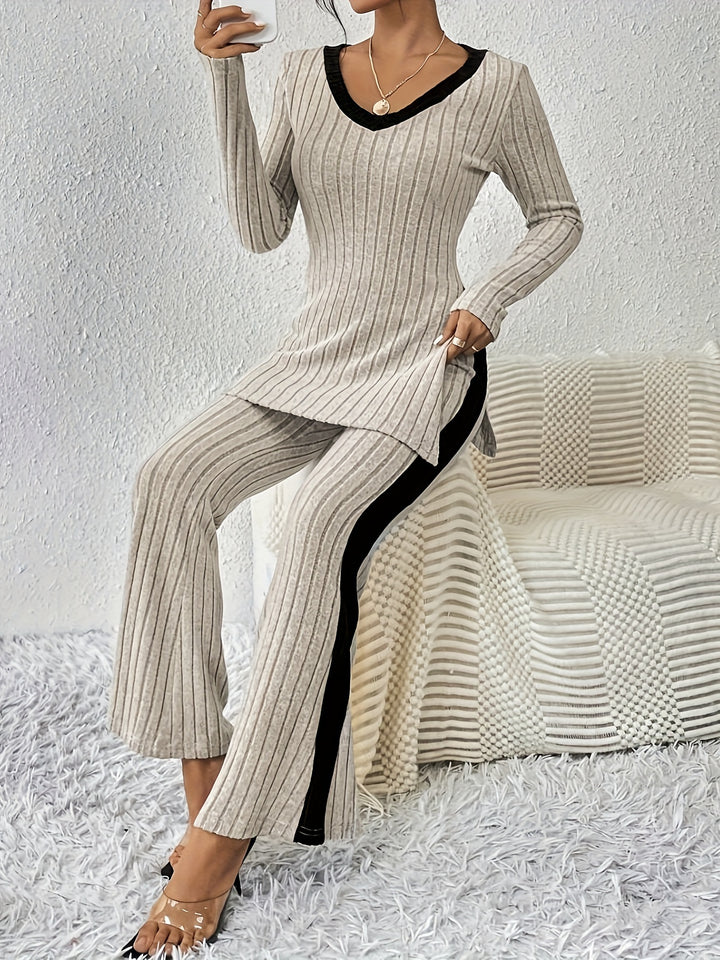 Chic Color Block Rib Knit Pantsuits for Women - Long Sleeve V Neck Top & Flared Pants Set-Bennys Beauty World