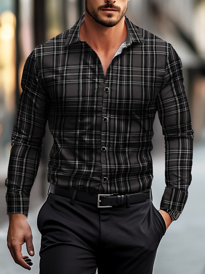 Men's Classic Design Plaid Pattern Dress Shirt, Slim Fit Long Sleeve Button Up Lapel Shirt, Elegant Top For Business And Banquet Wear-Bennys Beauty World