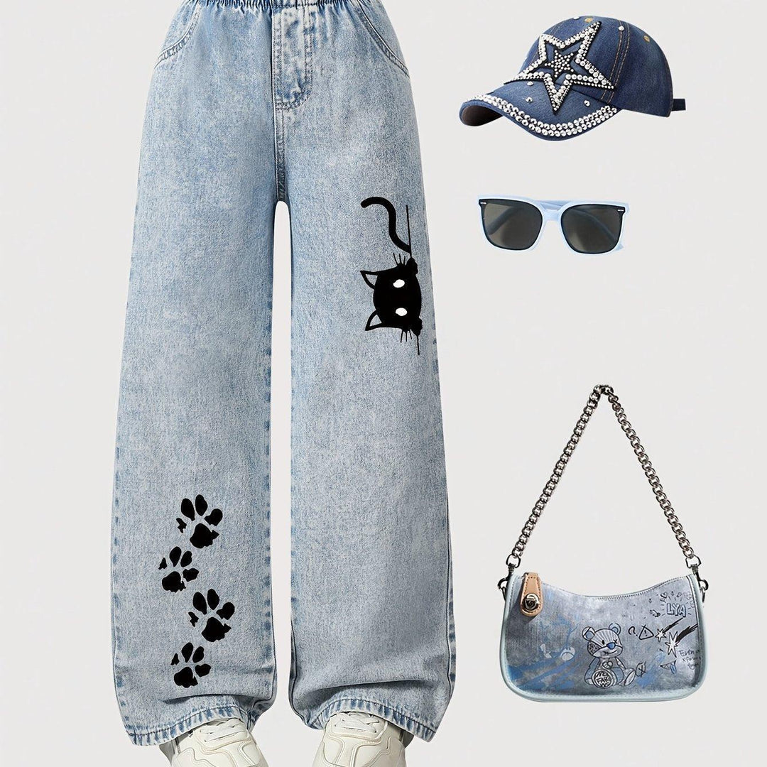 Casual Loose-Fit High-Waist Cat Print Jeans