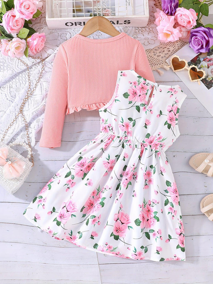 1 set 2pcs Elegant Floral Sleeveless Dress & Long Sleeve Cardigan Set for Girls, Spring/Fall Fashion & Comfort-Bennys Beauty World