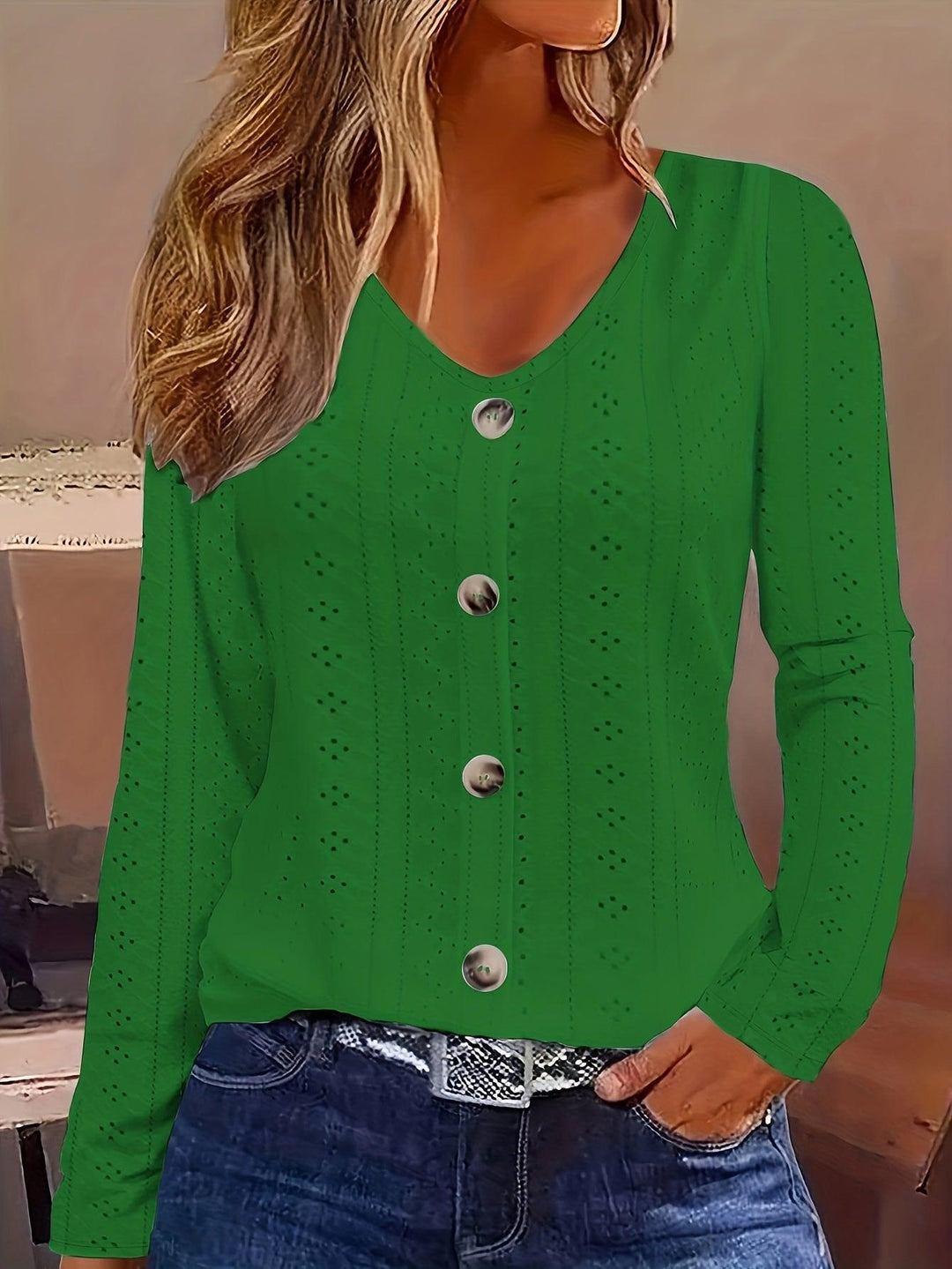 Eyelet Solid Blouse, Casual Button Front V Neck Long Sleeve Blouse, Women's Clothing-Bennys Beauty World