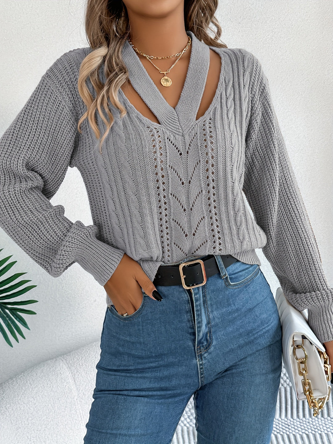 Solid Cut Out V Neck Sweater, Casual Long Sleeve Hollow Out Sweater For Fall & Winter, Women's Clothing-Bennys Beauty World