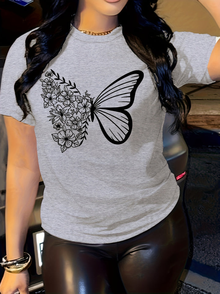 Butterfly Print T-shirt, Short Sleeve Crew Neck Casual Top For Women