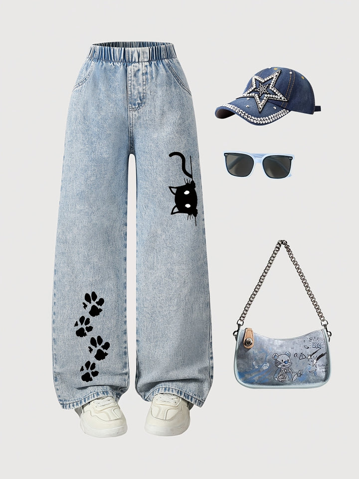 Casual Loose-Fit High-Waist Cat Print Jeans