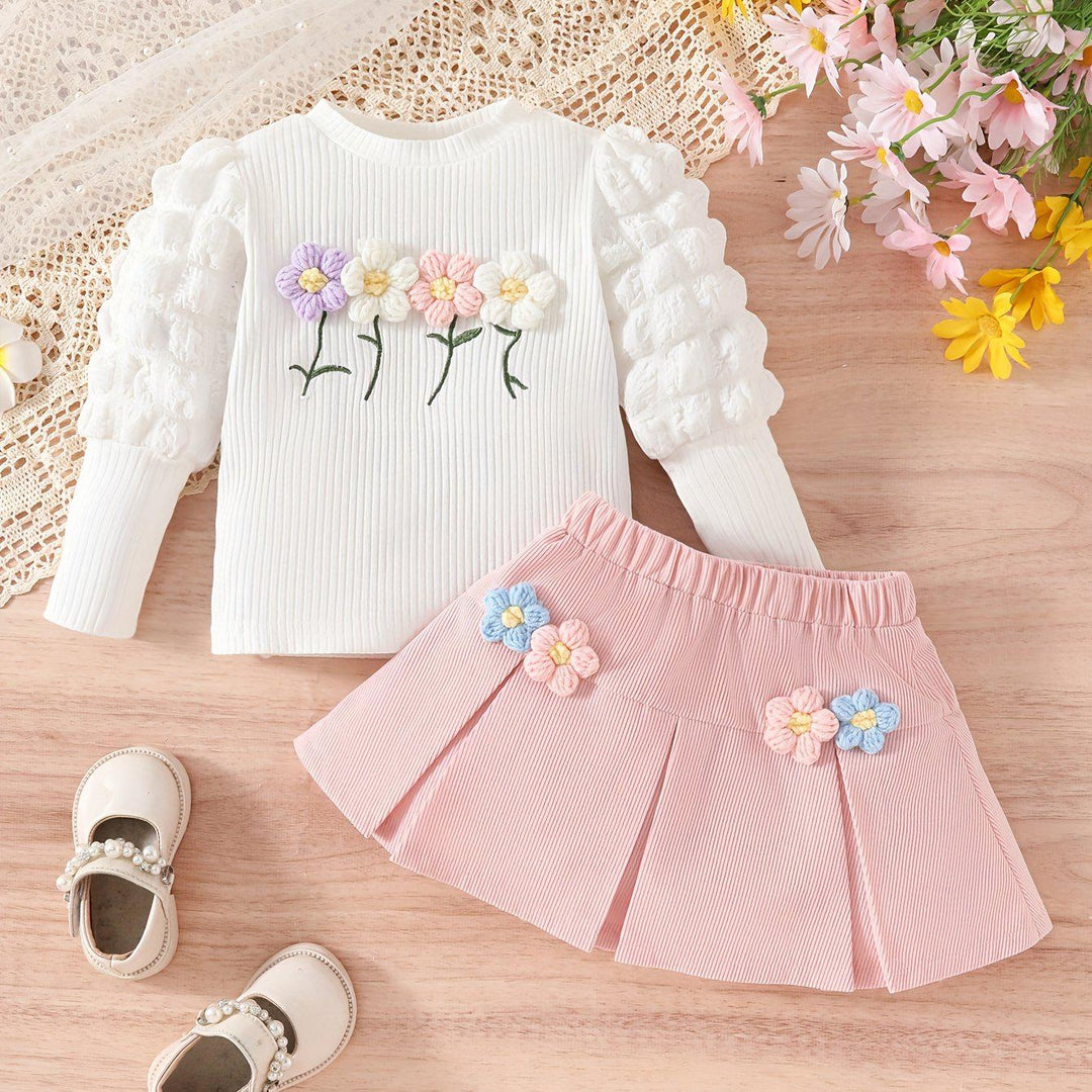 2pcs Baby's Flower Decor Puff Sleeve Ribbed Top + Sweet Pleated Corduroy Skirt, Toddler & Infant Girl's Clothing Set For Spring Fall-Bennys Beauty World