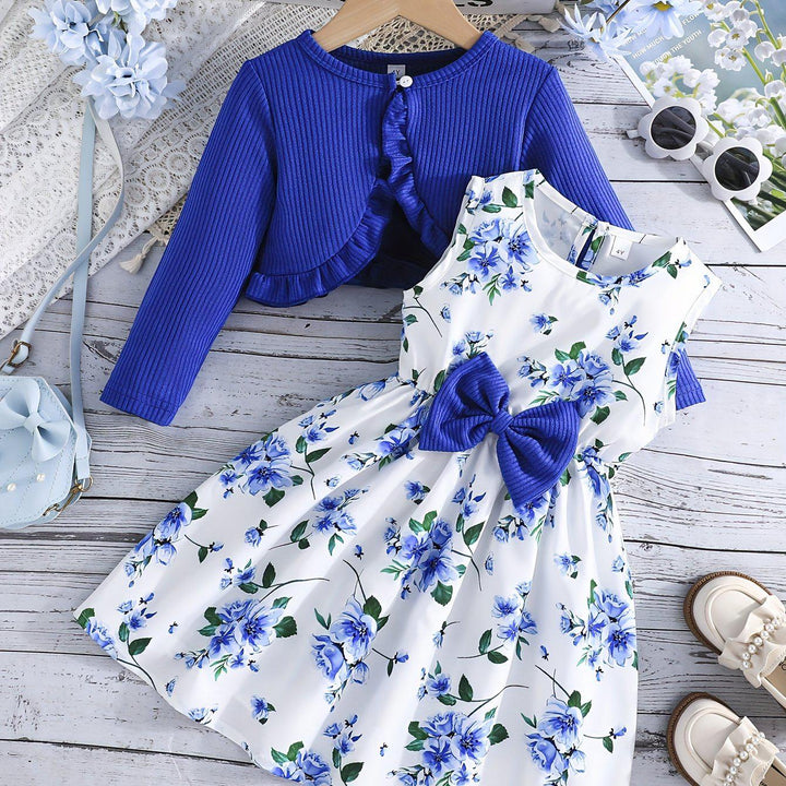 1 set 2pcs Elegant Floral Sleeveless Dress & Long Sleeve Cardigan Set for Girls, Spring/Fall Fashion & Comfort-Bennys Beauty World