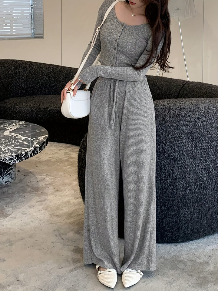 Elegant Knit Polyester Pantsuit Set with Crew Neck Long Sleeve Top and Straight-Leg Trousers, 95% Polyester 5% Elastane Solid Color, Pocket Detail, Mutton Sleeve - All Season Wear-Bennys Beauty World