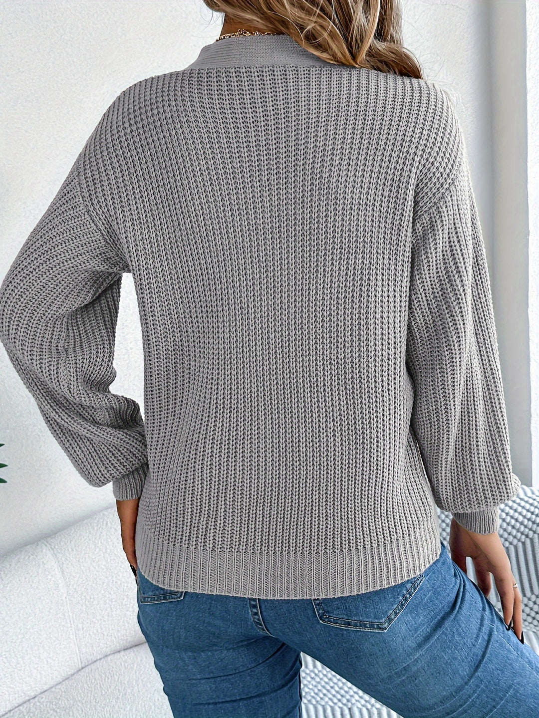 Solid Cut Out V Neck Sweater, Casual Long Sleeve Hollow Out Sweater For Fall & Winter, Women's Clothing-Bennys Beauty World