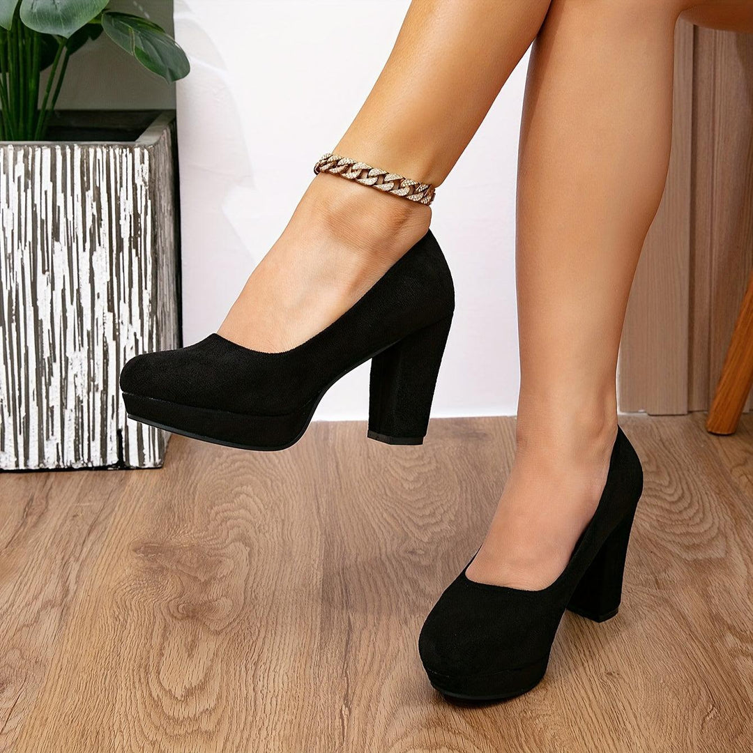 Fashionable Women's Chunky-Heeled Round-Toe Black High-Heeled Shoes