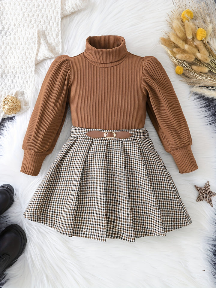 2pcs Toddler Girls Long Sleeve Knit Pullover + Houndstooth Skirt Set