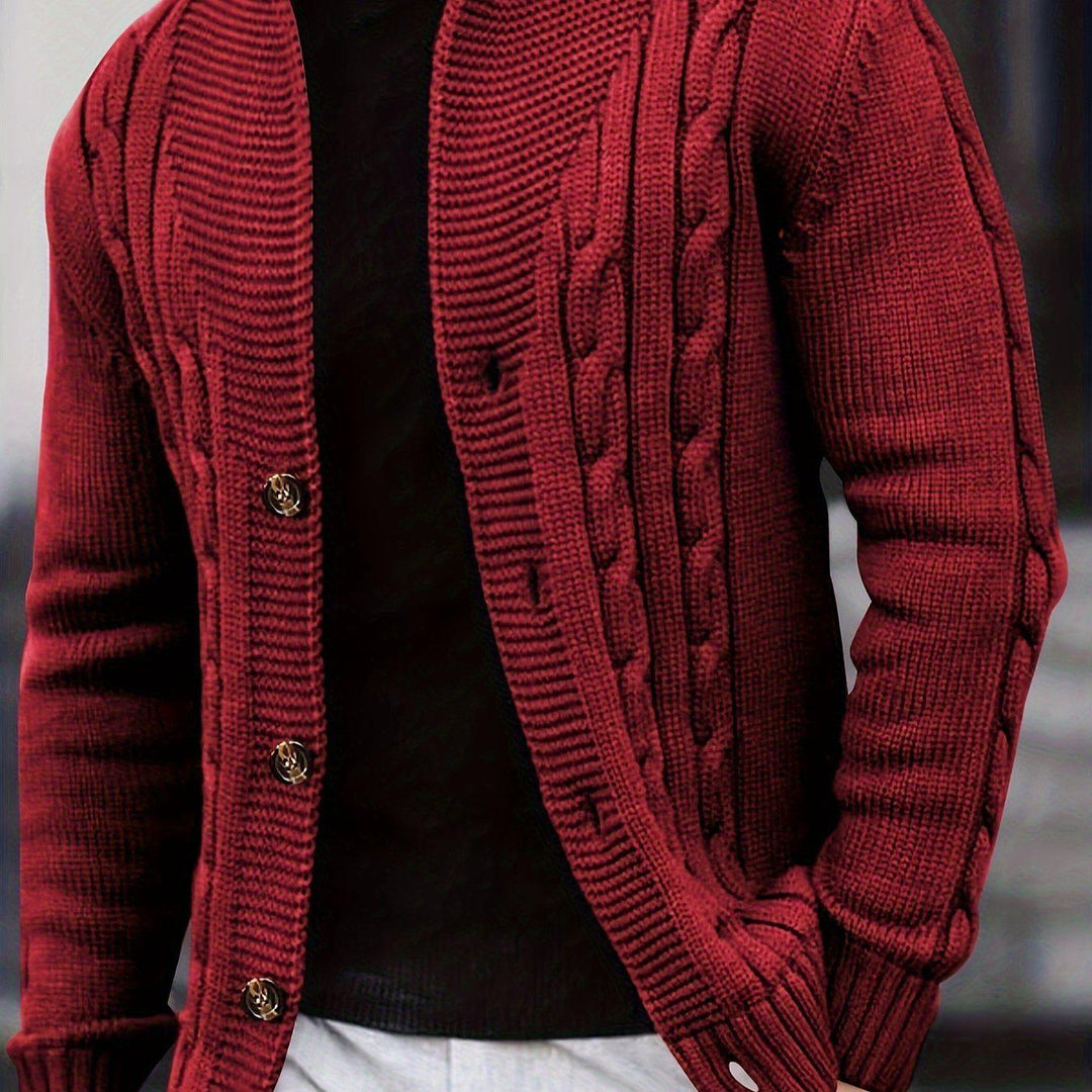 Men's Solid Rib Knit Long Sleeve Button Up Cardigan-Sweaters-Bennys Beauty World