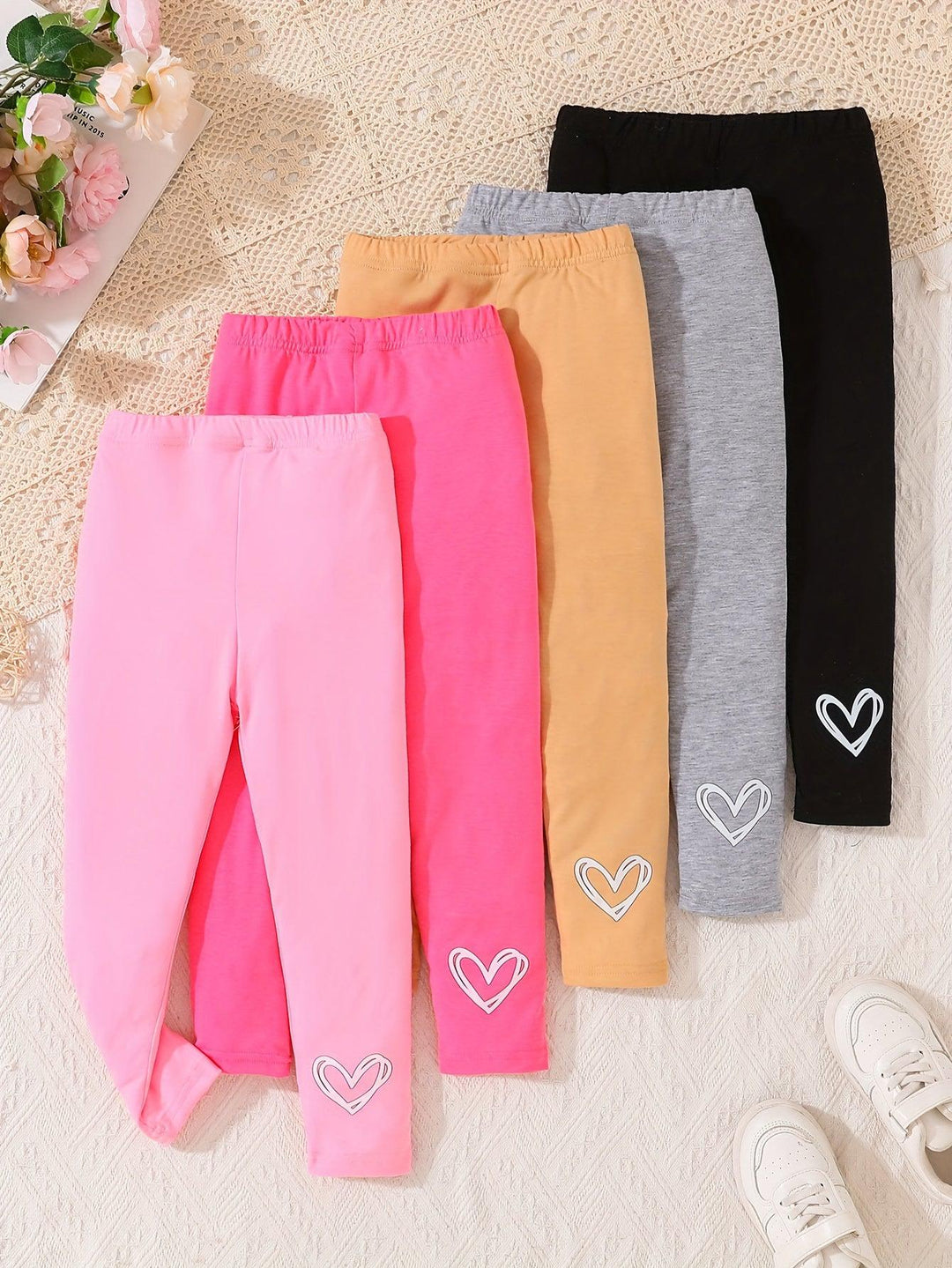 Girls 5-piece Casual & Comfy Hearts Pattern Pants Set For Spring & Fall Daily Wear-Bennys Beauty World