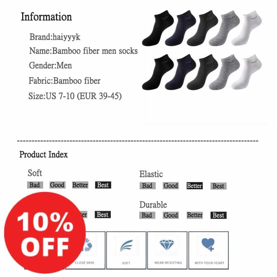 10 Pairs / Pack Men's High Quality Breathable Anti-Bacterial  Ankle Socks Bennys Beauty World