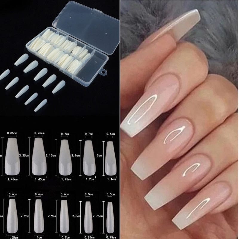 100 Pcs/Box UV Gel Full Cover Acrylic Clear and Natural Coffin Nails Bennys Beauty World