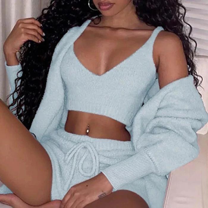 3pcs Womens Clothing Long Sleeve Crop Tank Top And Drawstring Shorts Pajama Set-crop top-Bennys Beauty World