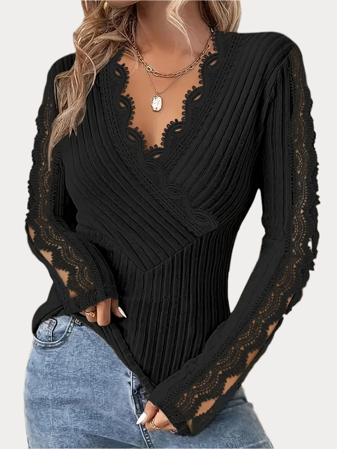 V-Neck Lace Trim Long Sleeve T-Shirt for Women-Blouse-Bennys Beauty World