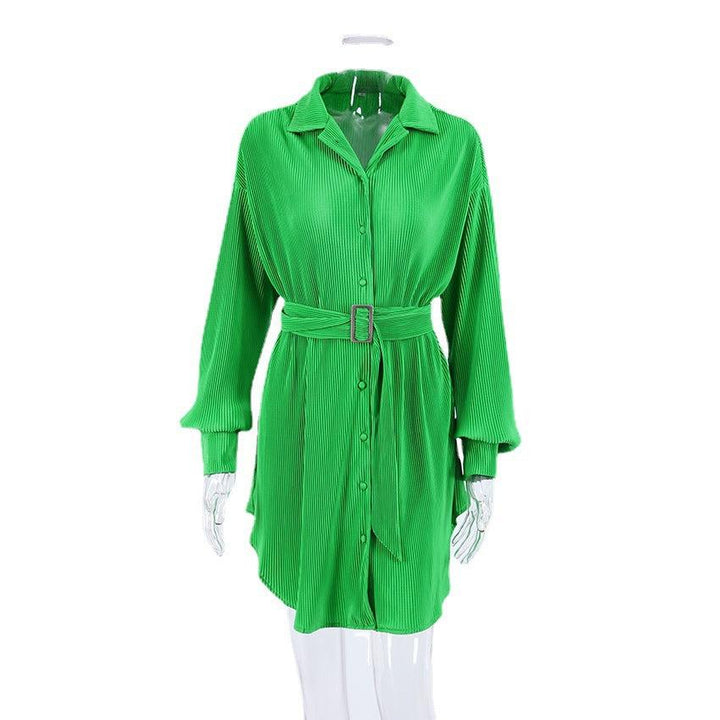 Women's Pleated Waist Long Sleeve Shirt Dress-Bennys Beauty World