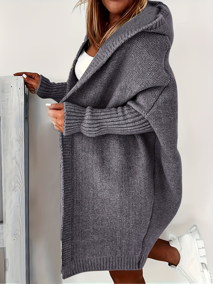 Plus Size Solid Color Hooded Open Front Cardigan, Casual Long Sleeve Knitted Cardigan, Women's Plus Size Clothing-Bennys Beauty World