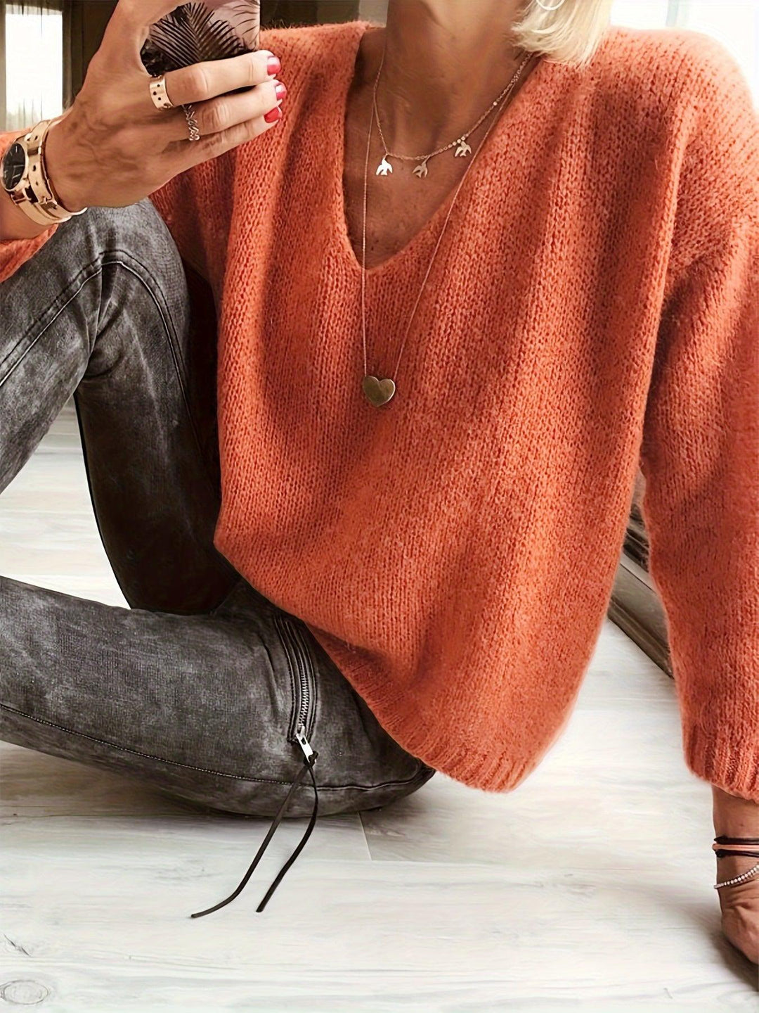 Solid Color V-neck Simple Sweater, Versatile Long Sleeve Sweater For Fall & Winter, Women's Clothing-Bennys Beauty World