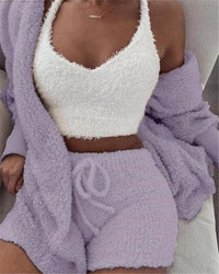 3pcs Womens Clothing Long Sleeve Crop Tank Top And Drawstring Shorts Pajama Set-crop top-Bennys Beauty World