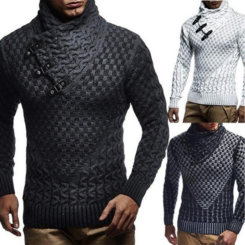 Men's Scarf Leather Button Collar Pullover Knitted Sweater