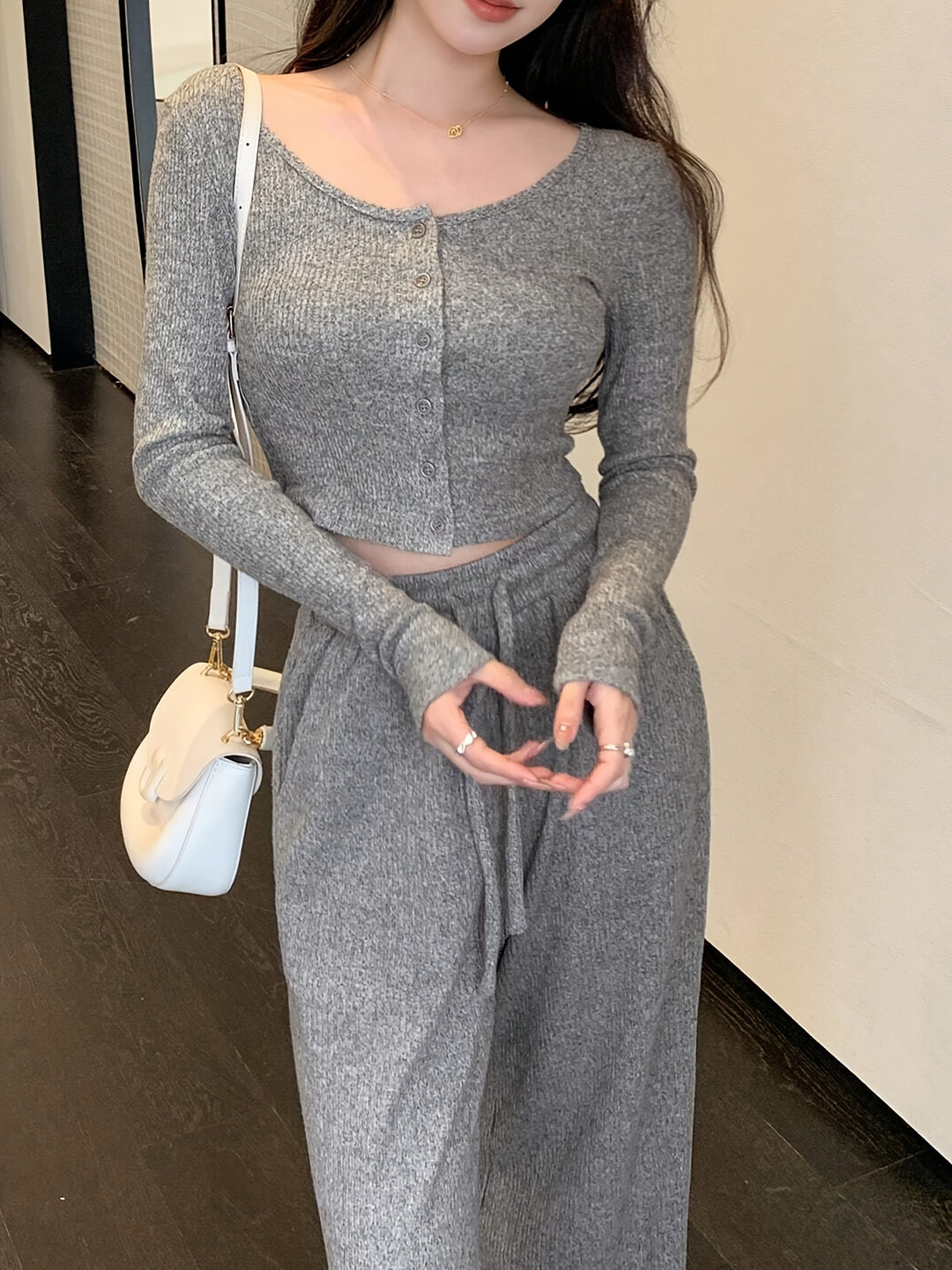 Elegant Knit Polyester Pantsuit Set with Crew Neck Long Sleeve Top and Straight-Leg Trousers, 95% Polyester 5% Elastane Solid Color, Pocket Detail, Mutton Sleeve - All Season Wear-Bennys Beauty World