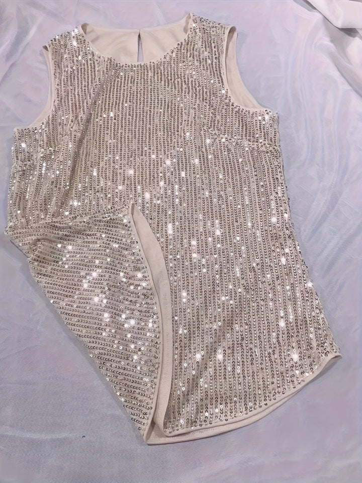 Sparkling Sequin Crew Neck Tank Top-blouse-Bennys Beauty World