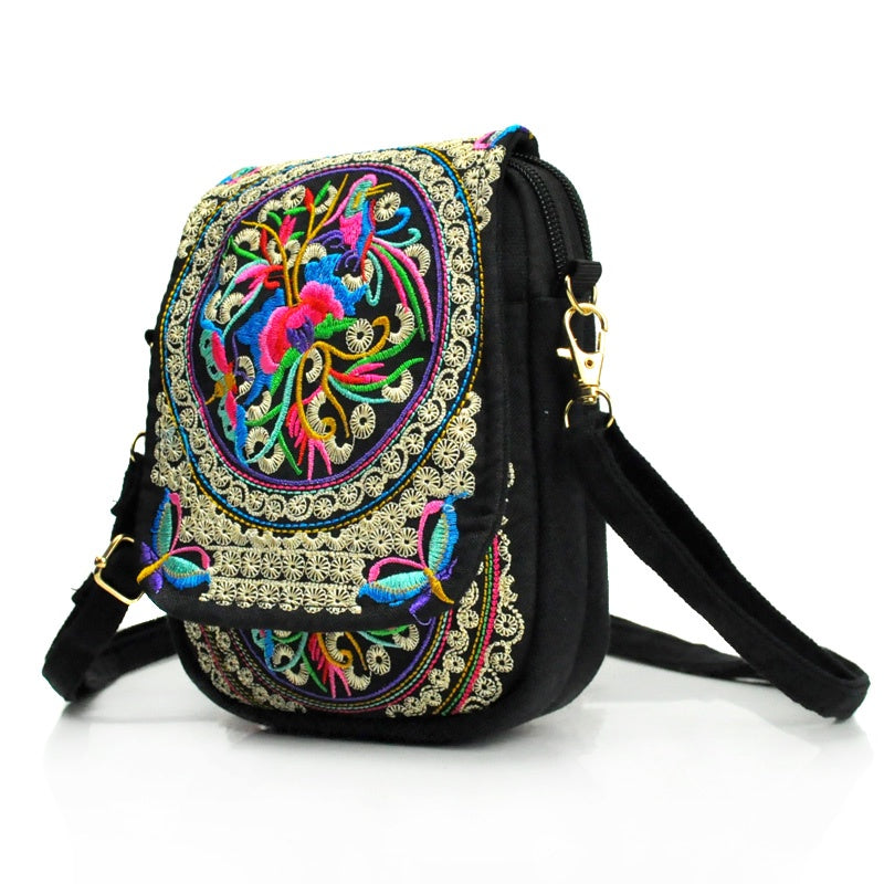 Women's Embroidered Mini Shoulder Bag with Detachable Strap