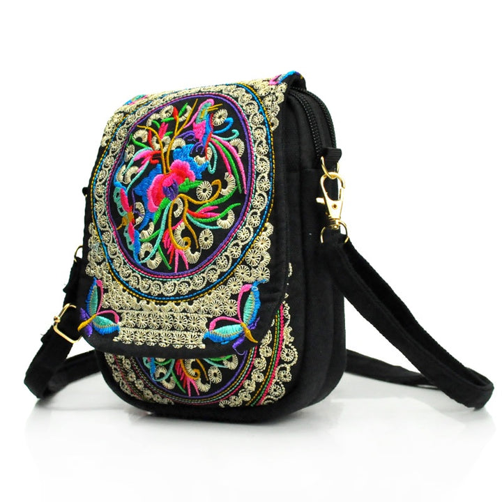 Women's Embroidered Mini Shoulder Bag with Detachable Strap