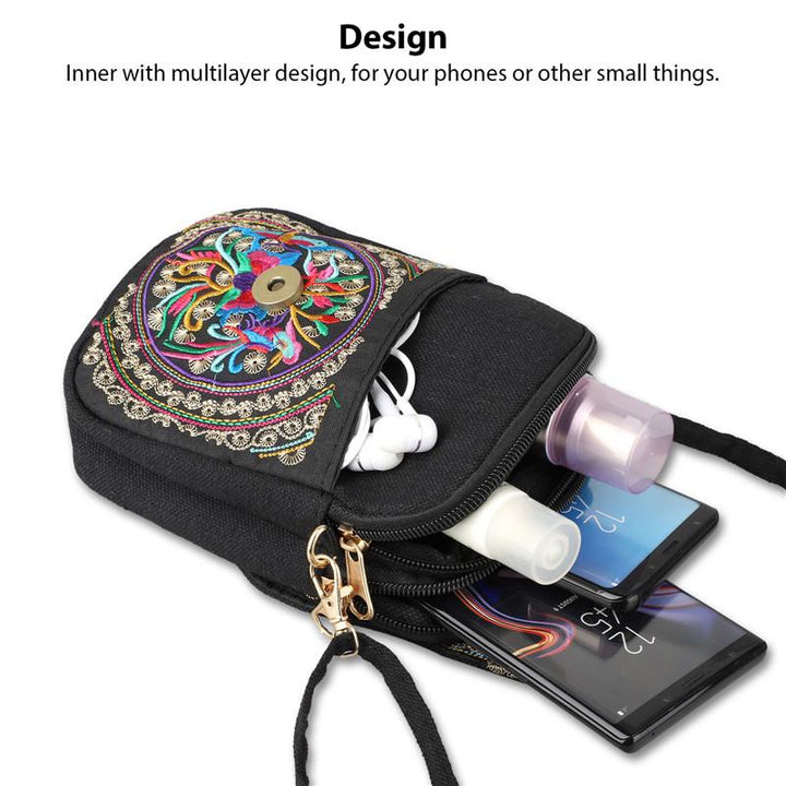 Women's Embroidered Mini Shoulder Bag with Detachable Strap