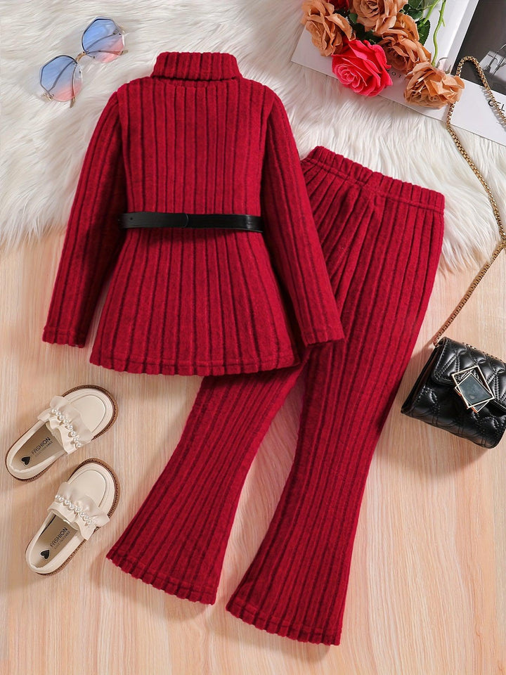 Elegant 2pcs Girls' Outfit Set - Soft Knit Turtleneck Top with Belt & Flared Pants, Perfect for Fall/Winter-Bennys Beauty World