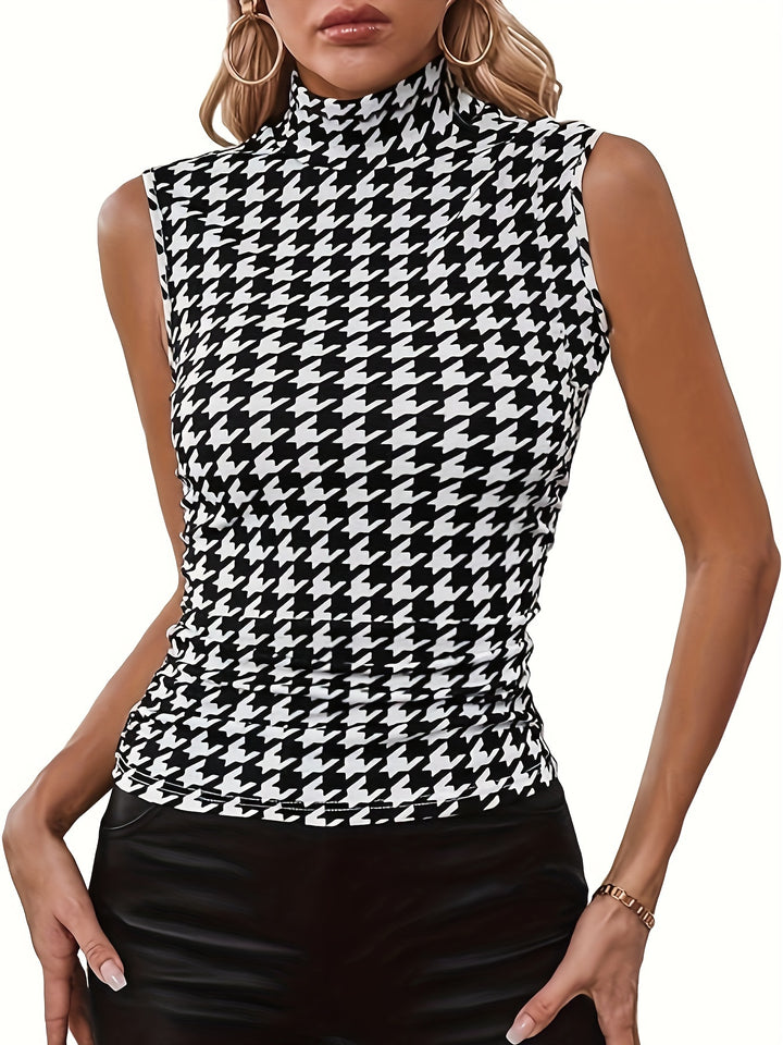 Houndstooth Mock Neck Tank Top, Sleeveless Slim Elegant Top, Women's Clothing-Bennys Beauty World