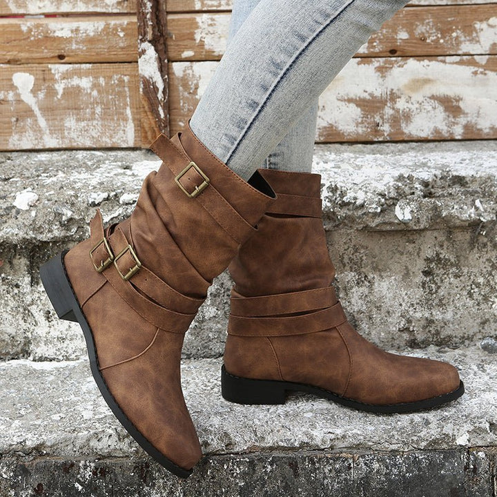 Mid Calf Ruched Buckle Solid Color Retro Ankle Boots For Women Cowboy Boots - Bennys Beauty World