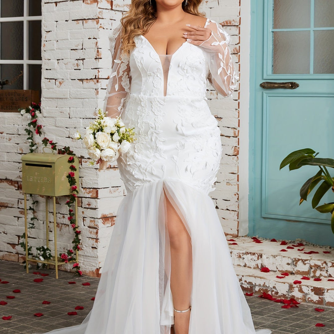 Floral Pattern Mesh Stitching Wedding Dress