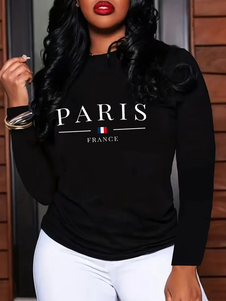 Casual Paris Alphabet Print Crew Neck Long Sleeve T-Shirt