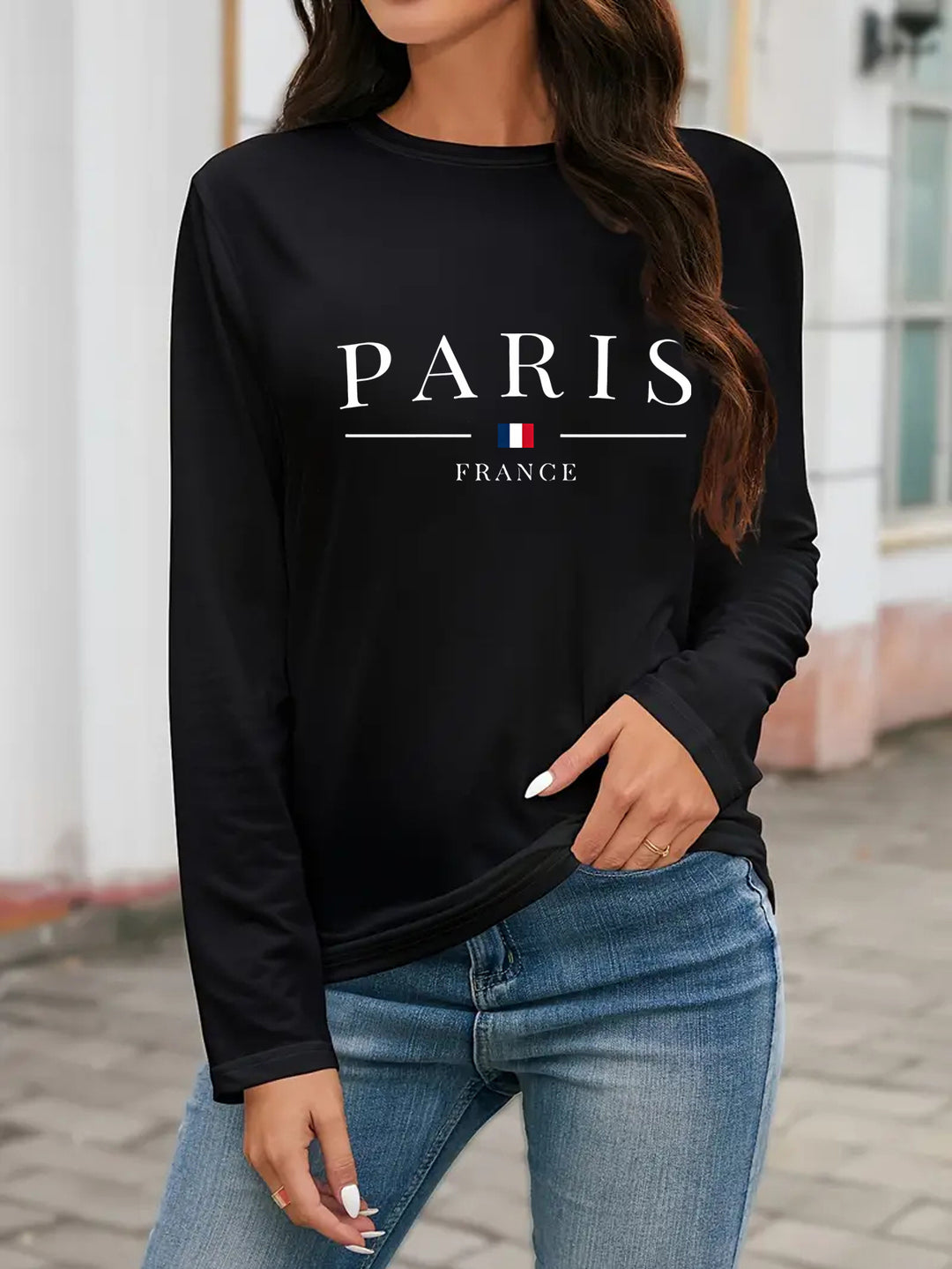 Casual Paris Alphabet Print Crew Neck Long Sleeve T-Shirt