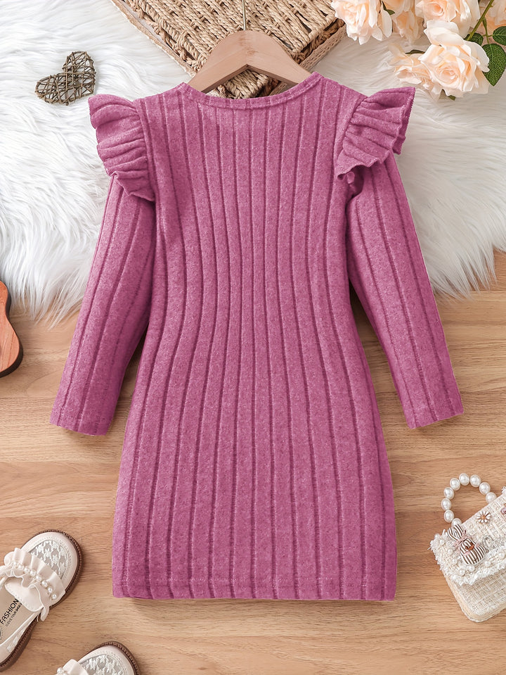 Girls Elegant Dresses, Long Ruffle Sleeve Bow Decor Ribbed Dress For Spring & Fall, Perfect For Dinner Party, As Gifts-Bennys Beauty World