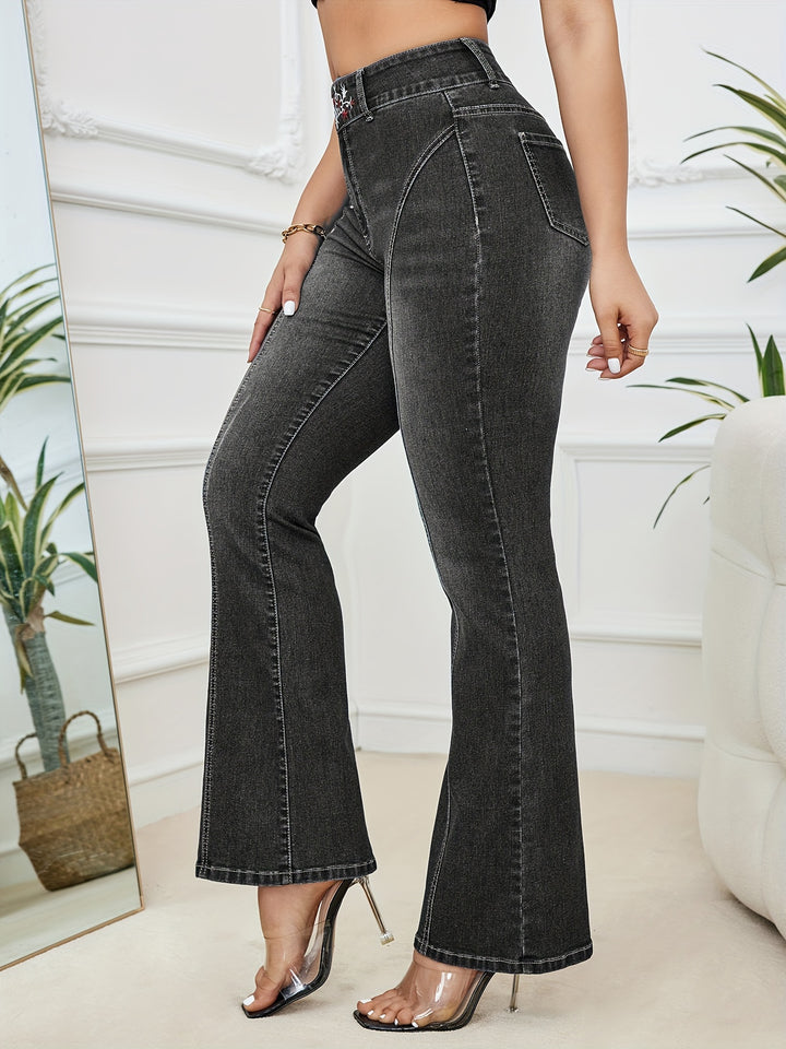 Floral Embroidery Double Buttons Flare Leg Jeans, Pintuck High Rise Stretchy Elegant Denim Pants, Women's Denim Jeans & Clothing-Bennys Beauty World