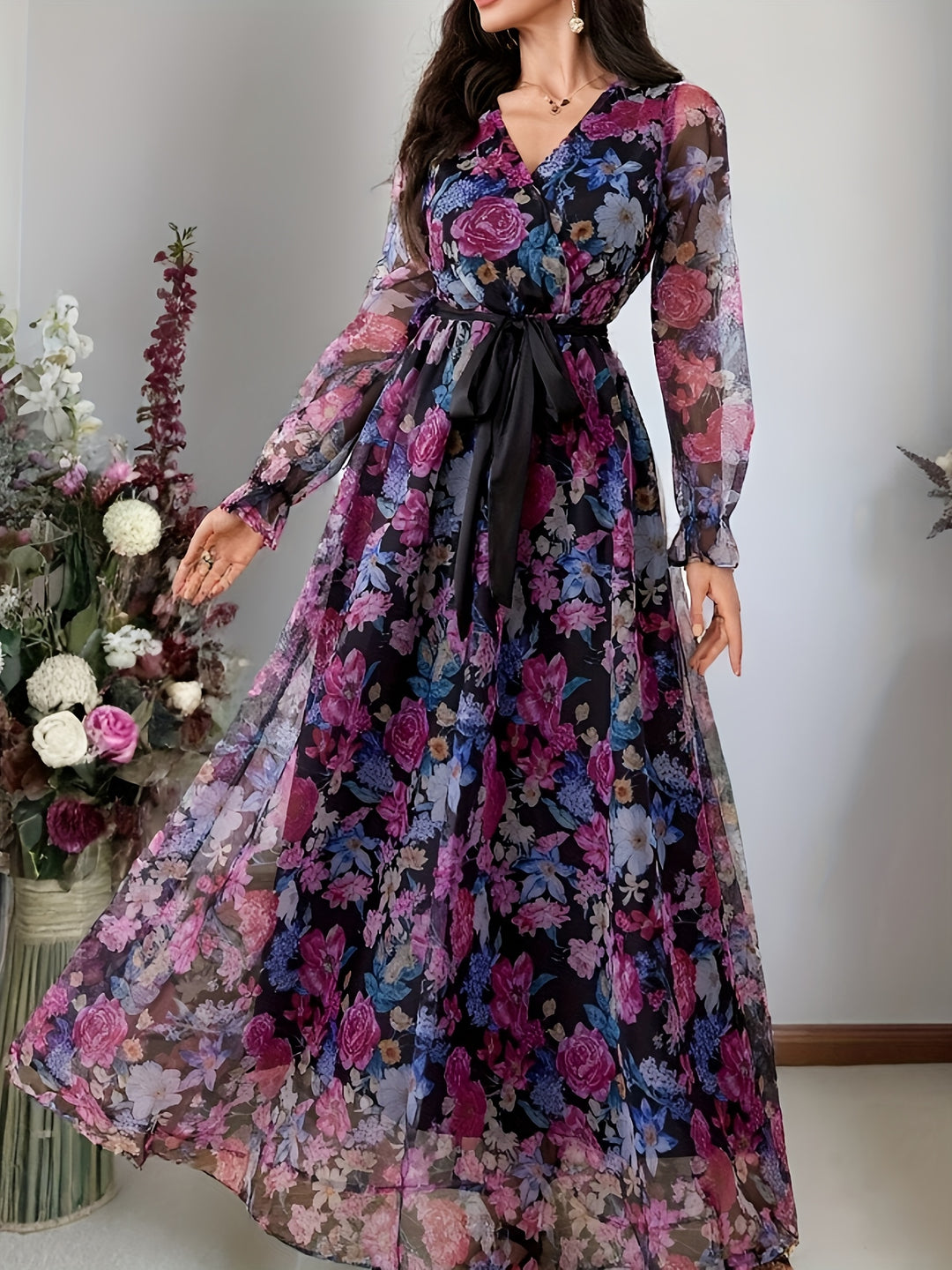 New elegant ladies cross collar lantern long sleeve dress