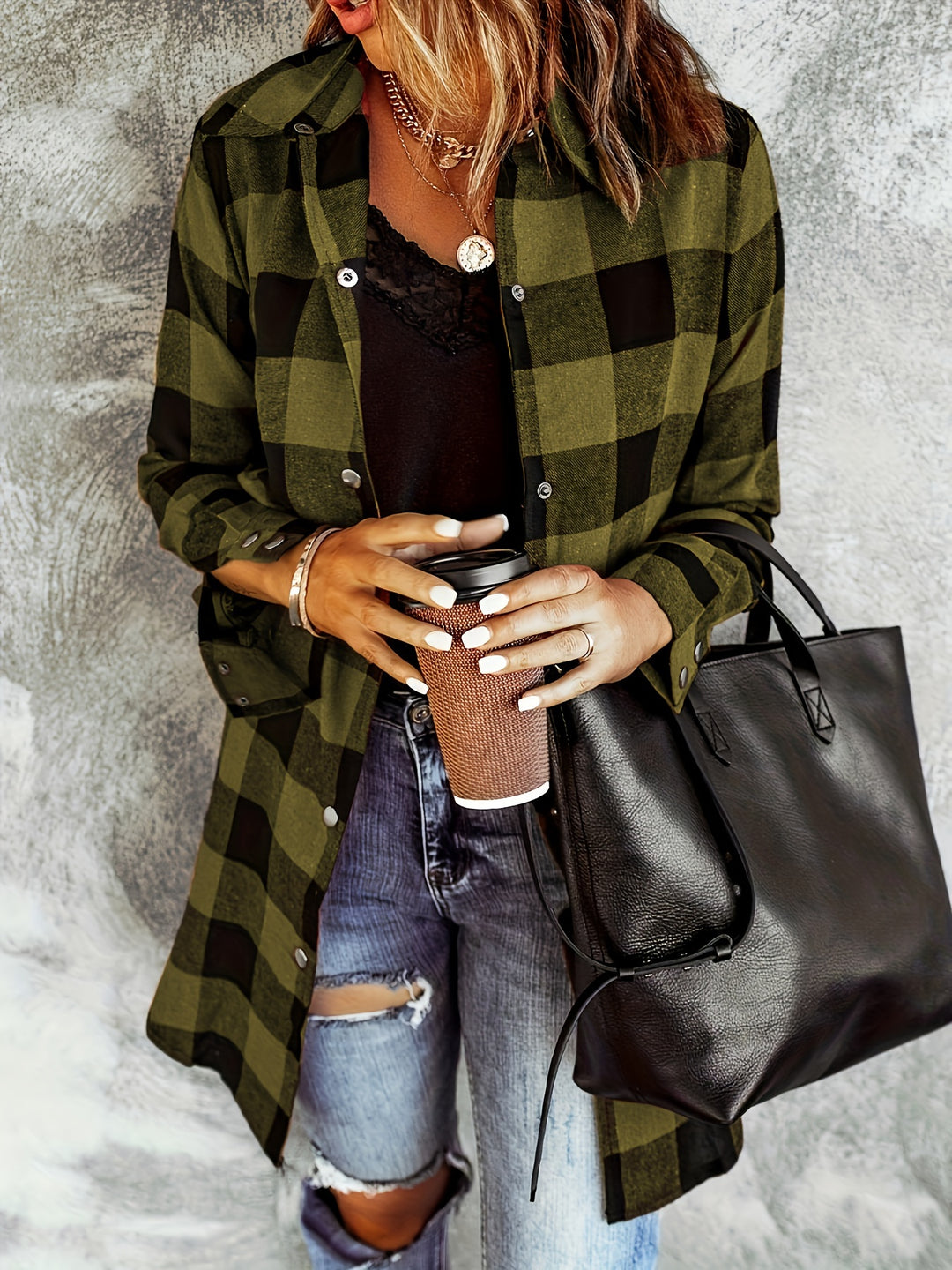 Plaid Casual Long Sleeve Shirt For Women-Shirt-Bennys Beauty World