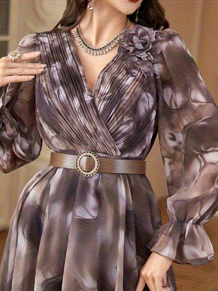 Women'S V-Neck Handmade 3D Floral Belted Dress