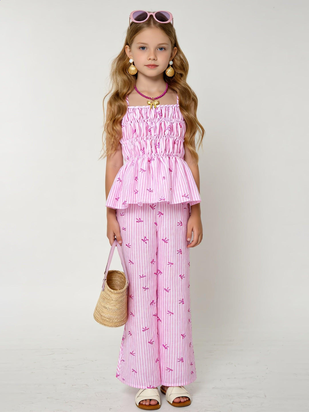 Girls' Novelty Striped Bow-Tie Top and Straight-Leg Pants