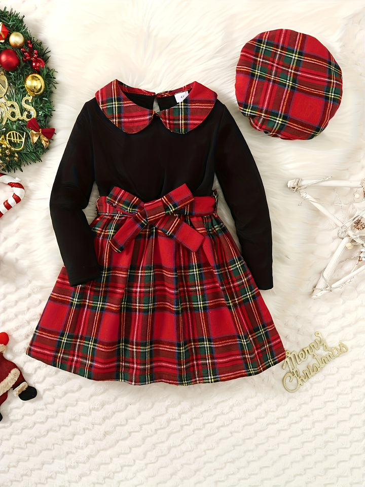 Plaid Casual Long Sleeve Dress + Beret Set For Girls