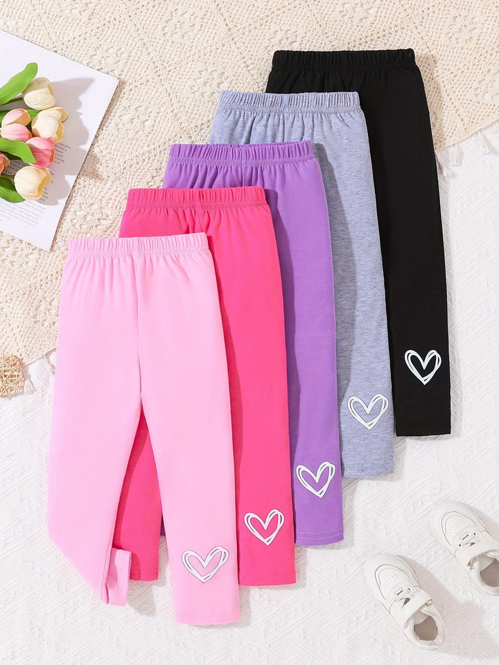 Girls 5-piece Casual & Comfy Hearts Pattern Pants Set For Spring & Fall Daily Wear-Bennys Beauty World