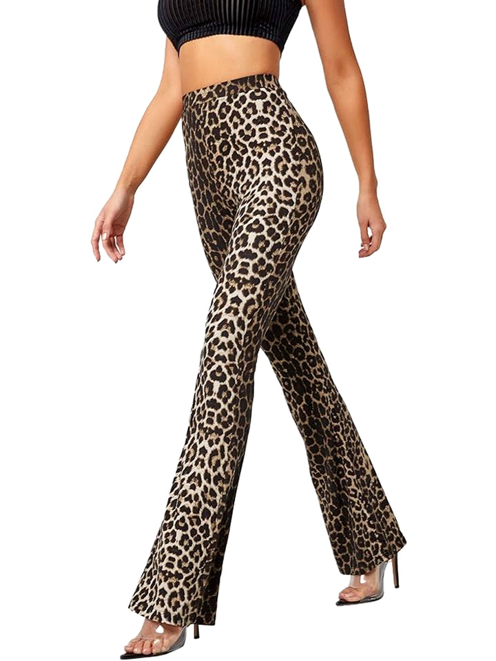 Leopard Print Flare Leg Pants, Elegant High Waist Forbidden Pants For Spring & Summer, Women's Clothing-Bennys Beauty World
