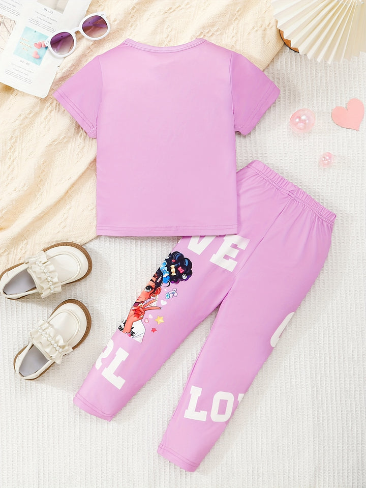 Girls Two - Piece Set with Cartoon Girl Pattern Top + Pants - Bennys Beauty World