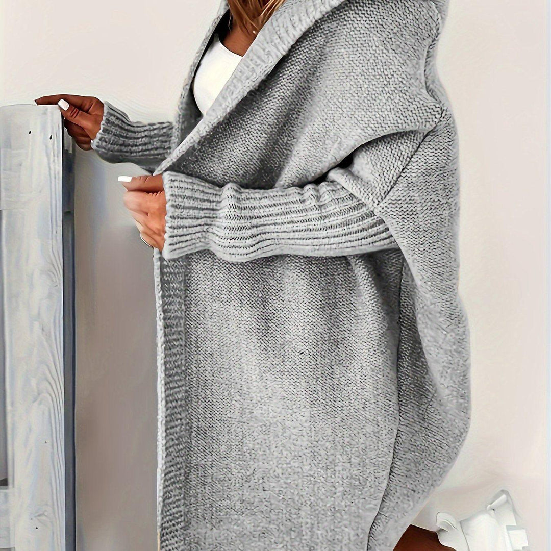 Plus Size Solid Color Hooded Open Front Cardigan, Casual Long Sleeve Knitted Cardigan, Women's Plus Size Clothing-Bennys Beauty World